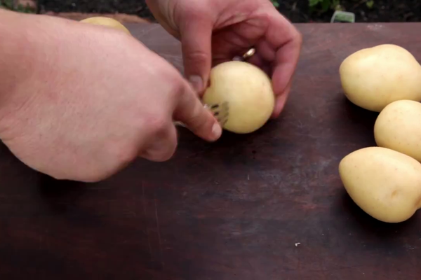 第一步：用叉子在7-8个土豆表面扎孔，加速烤制